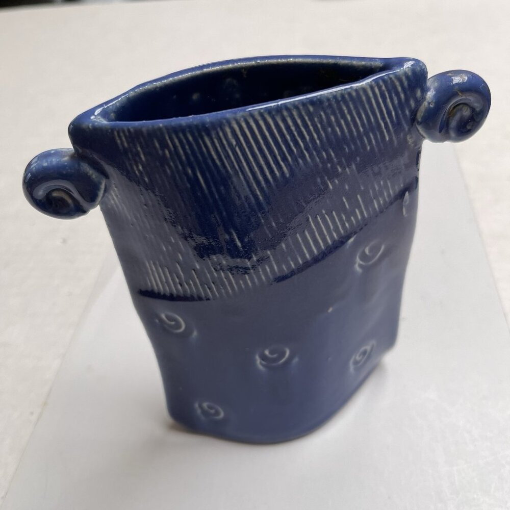 Ceramic Studio Pottery Blue Signed Vase Textured Decor Home Gift